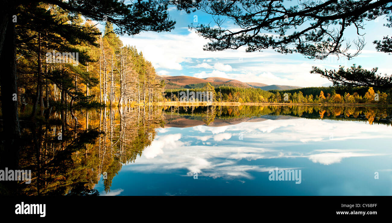 Uath lochin with an autumn reflection of the cairngorm mountains Stock Photo