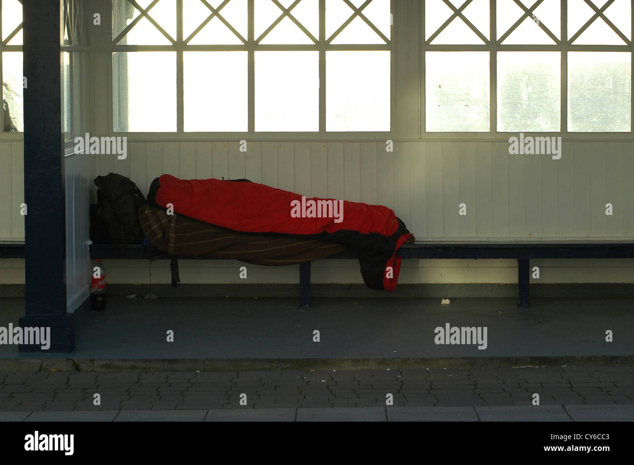 Homeless persons bed in the shelter on Aberystwyth promenade Stock
