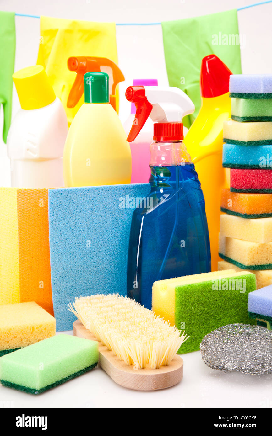 Cleaning items isolated on white background Stock Photo - Alamy