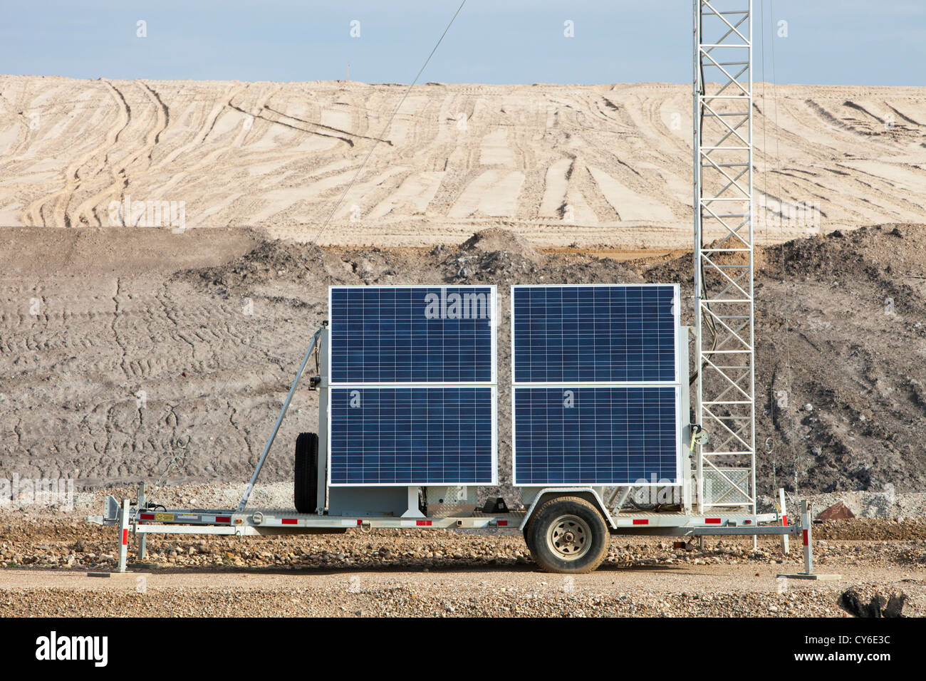 The irony of solar powered CCTV at Shell's Albian sands tar sands mine. The tar sands are the largest industrial project Stock Photo