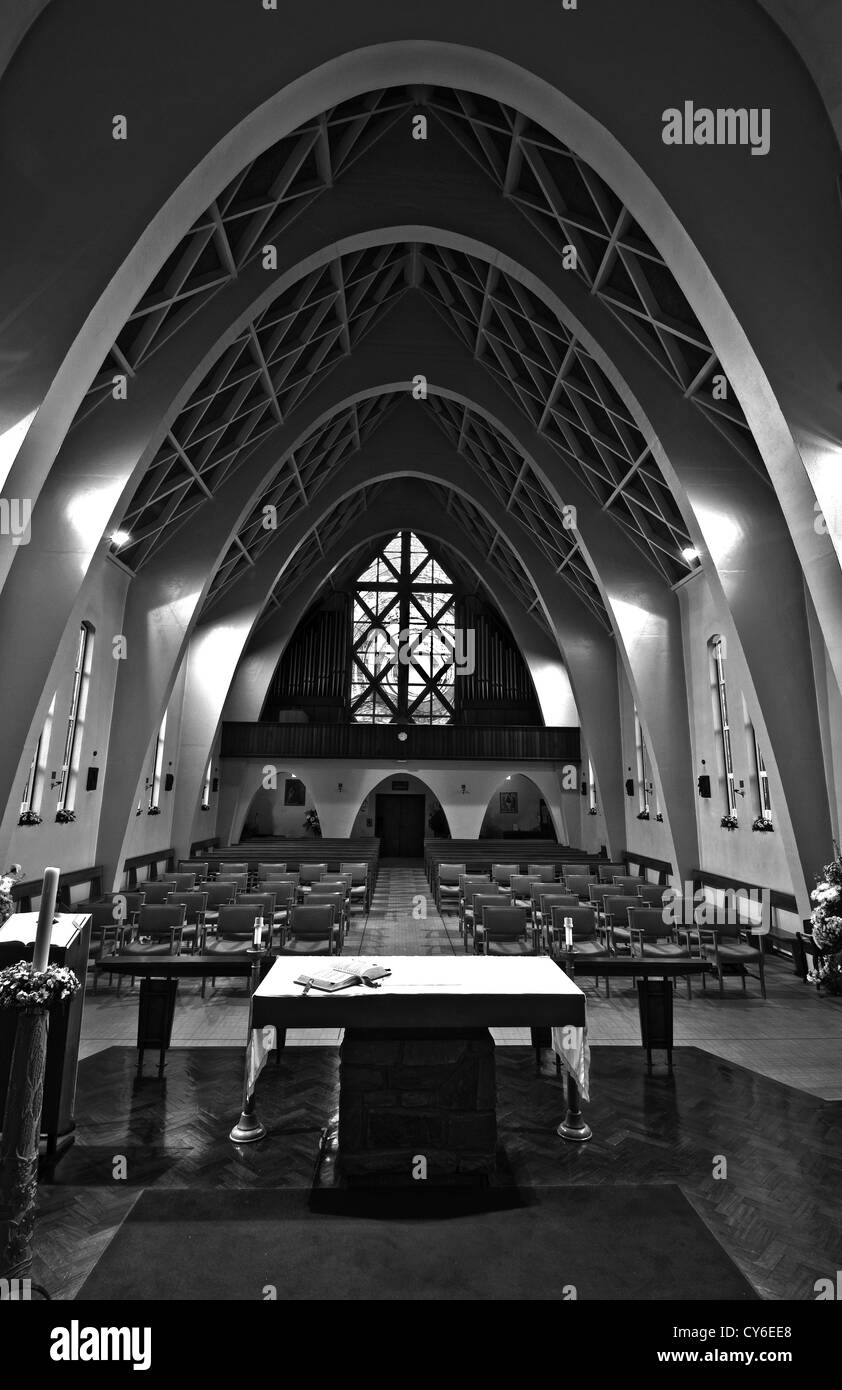 A monochrome image of the interior of Llantarnam Abbey in Cwmbran, South Wales, U.K. Stock Photo