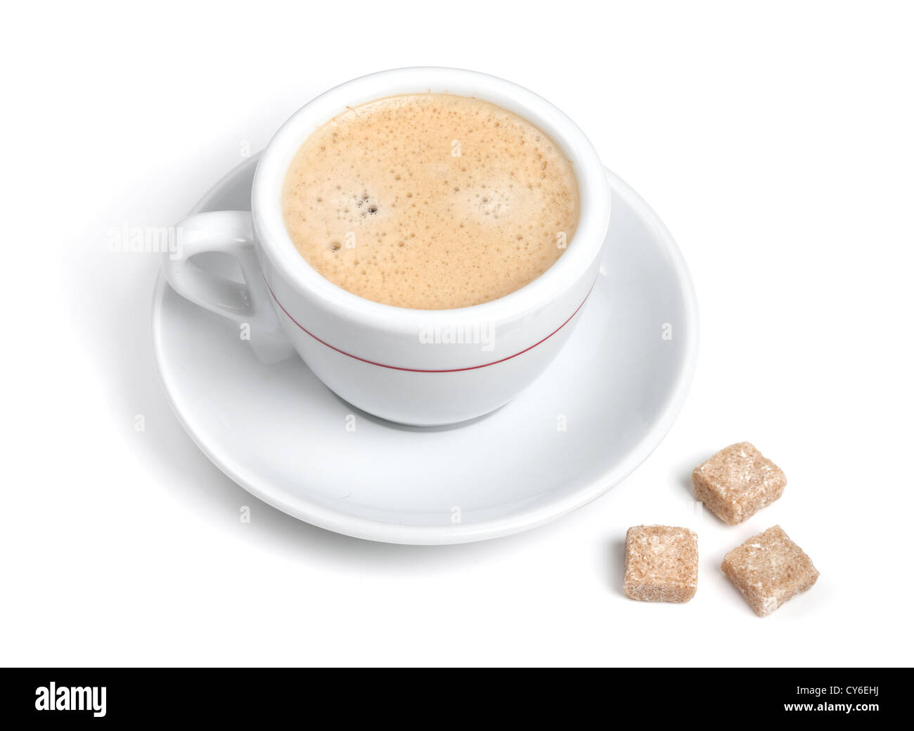 Coffee collection Espresso with milk and three sugar pieces. Isolated