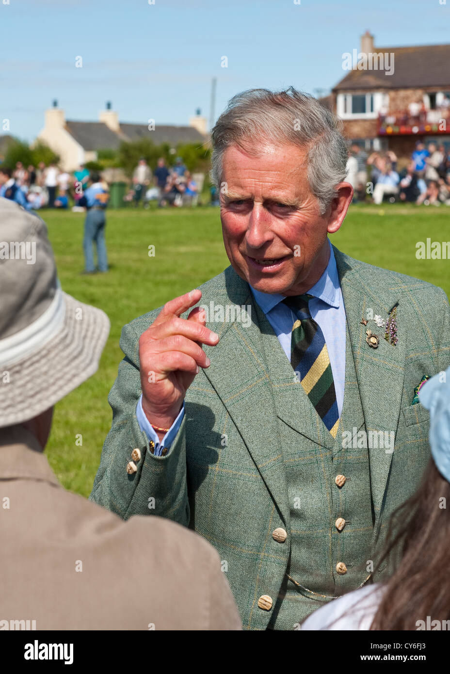 Charles, Prince of Wales taking to spectators at the summer highland games near the Castle of Mey, NE Highlands, Scotland Stock Photo