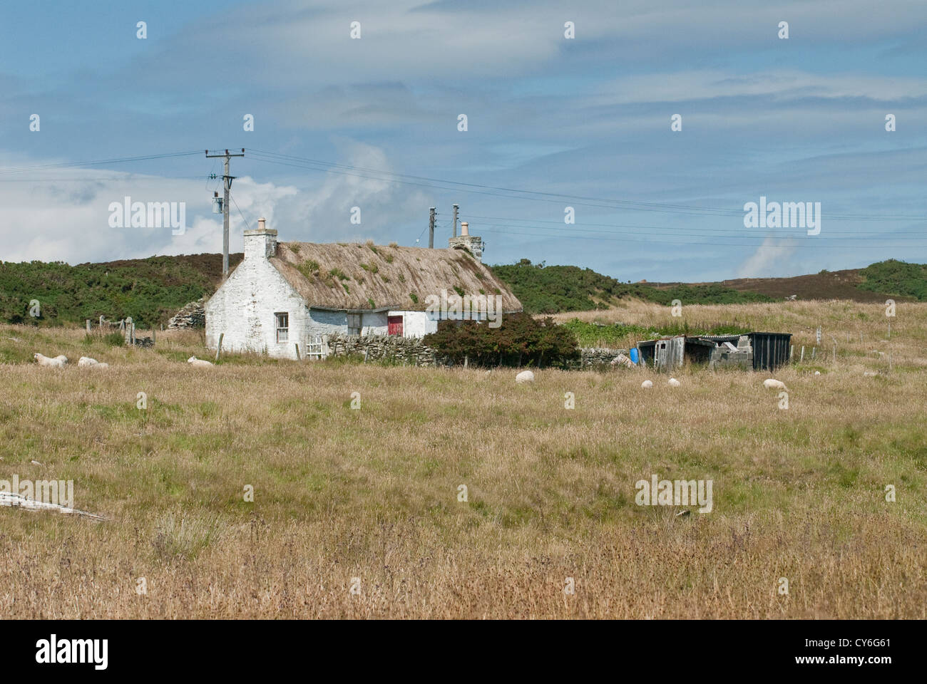 Historic croft farm cottage on the coast in Sutherland, Northern Scotland Stock Photo