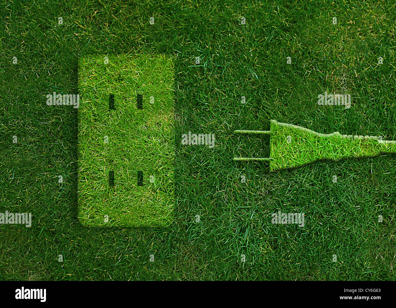 Green energy concept, Green power plug in electric outlet on a green grassland Stock Photo Alamy