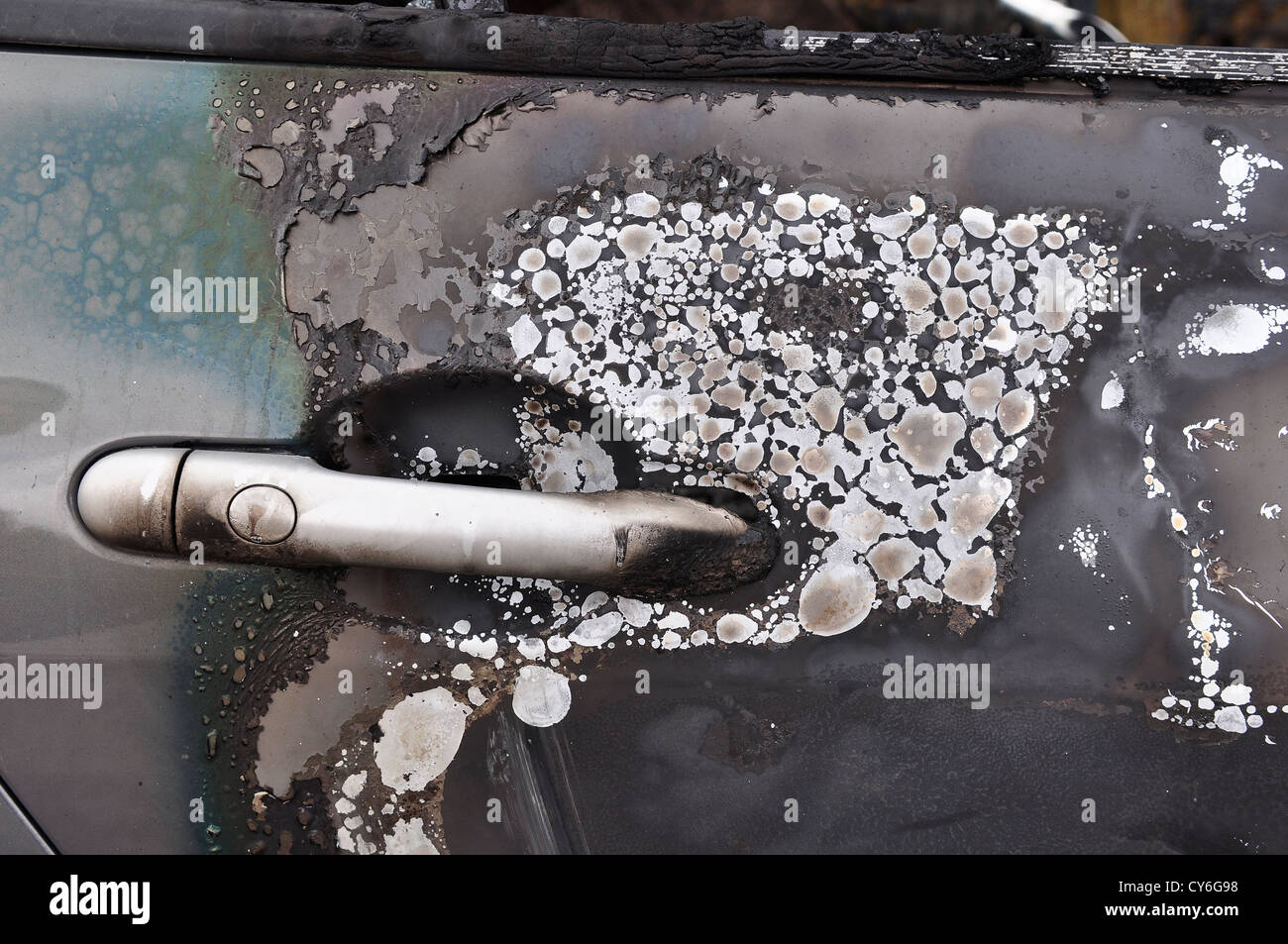 Close up detail of a burnt car in a car accident Stock Photo