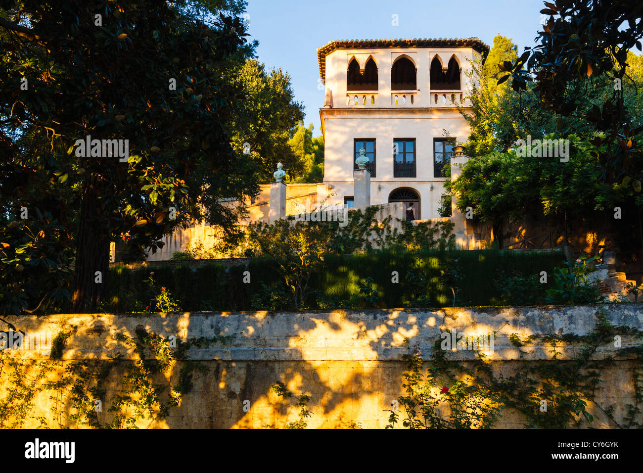 XIX century Romantic pavilion in Neogothic style at the Generalife gardens. Granada, Andalusia, Spain Stock Photo