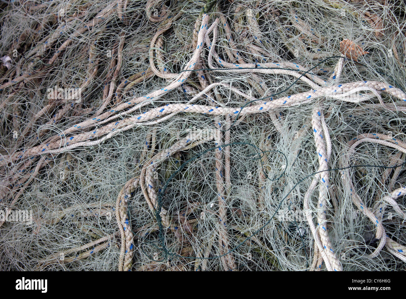 Background of fishing twine, lines and ropes. Stock Photo