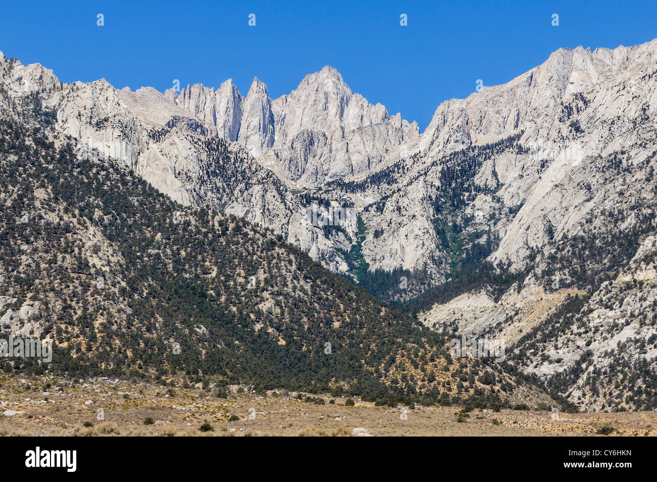 View to Mount Whitney from Alabama Hills, Lone Pine, in Owens Valley of Western Sierras off Route 395. Stock Photo
