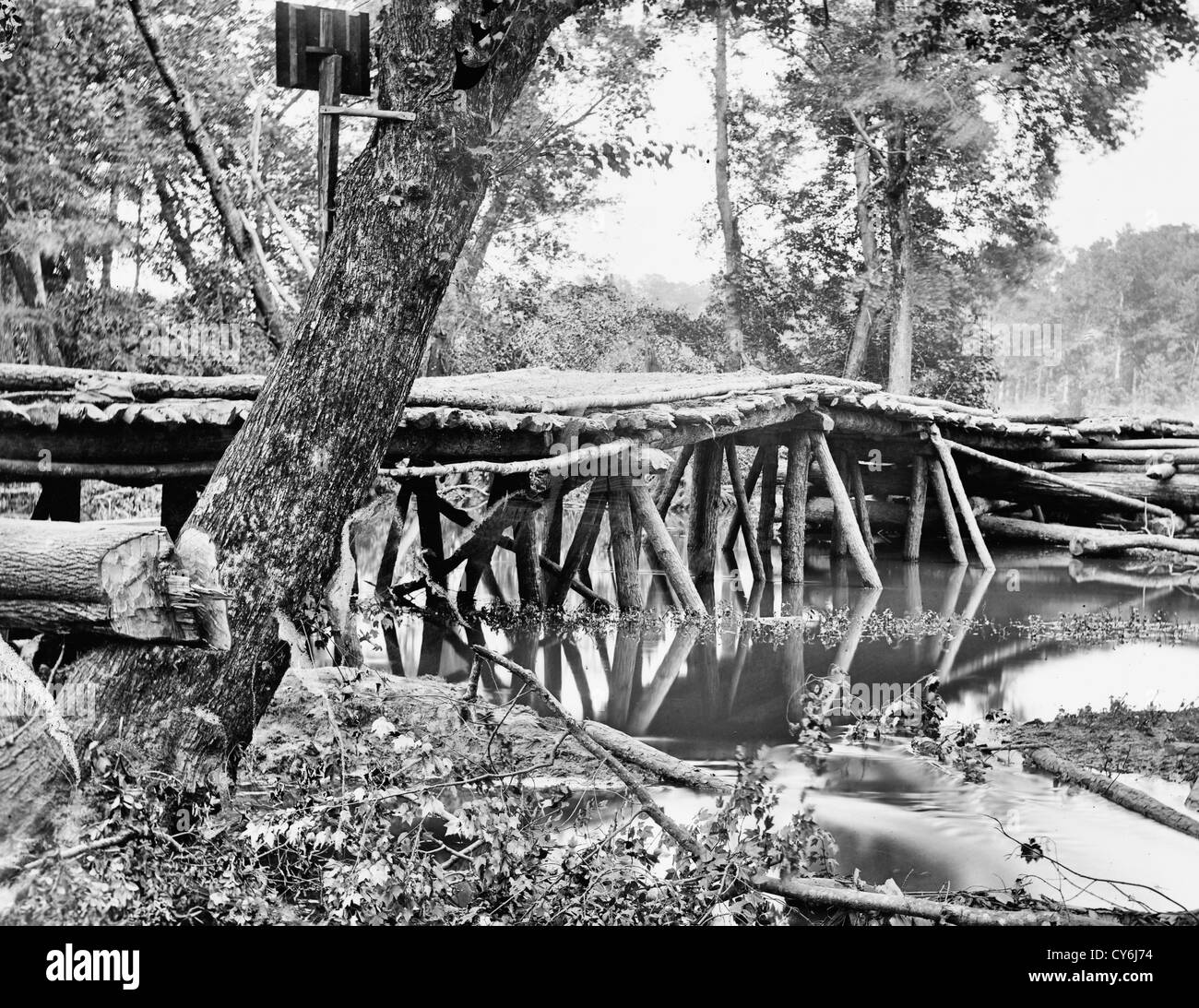 Military bridge over the Chickahominy River, Virginia during the USA Civil War Stock Photo