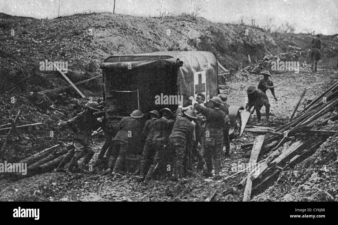 Fighting the Common Enemy - Mud. An ambulance stuck in the mud in World War I Stock Photo