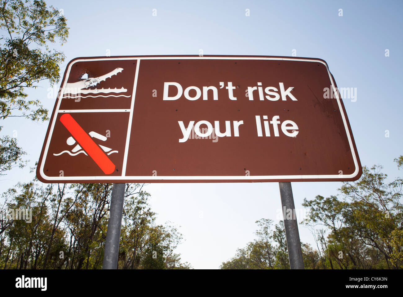 Crocodile safety warning signs in the Norther Territory of Australia. Stock Photo