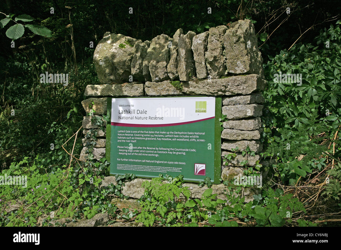A sign at the entrance to Lathkill Dale Derbyshire English Peak District National Park England United Kingdom Stock Photo