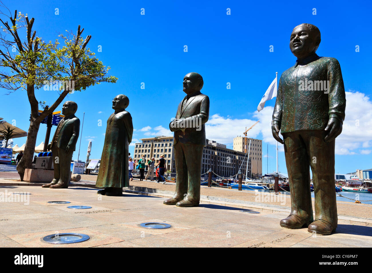 Statues of South Africa's four Nobel Peace Laureates in the Victoria and Albert waterfront Cape Town South Africa. Stock Photo