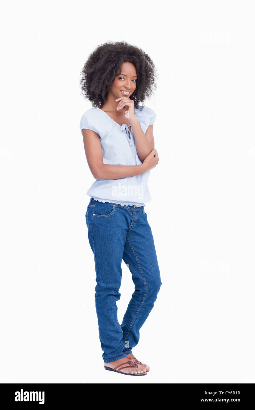 smiling-woman-putting-her-hand-on-her-chin-stock-photo-alamy