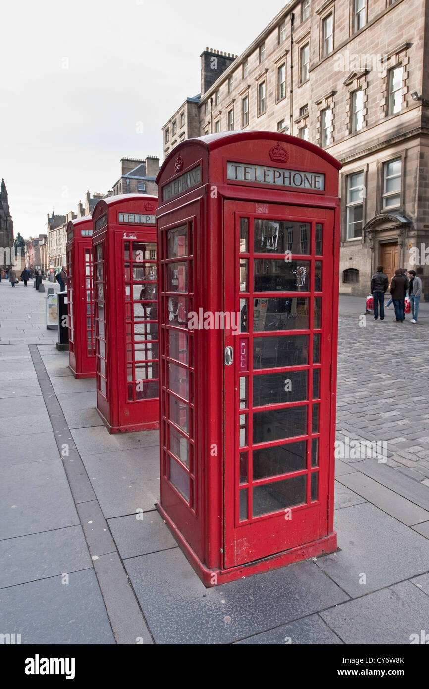 Telephone boxes on The Royal Mile, central Edinburgh, Scotland Stock Photo