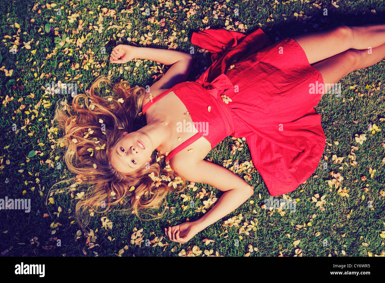Beautiful Young Woman Lying on Grass with Flowers In Red Dress Stock ...