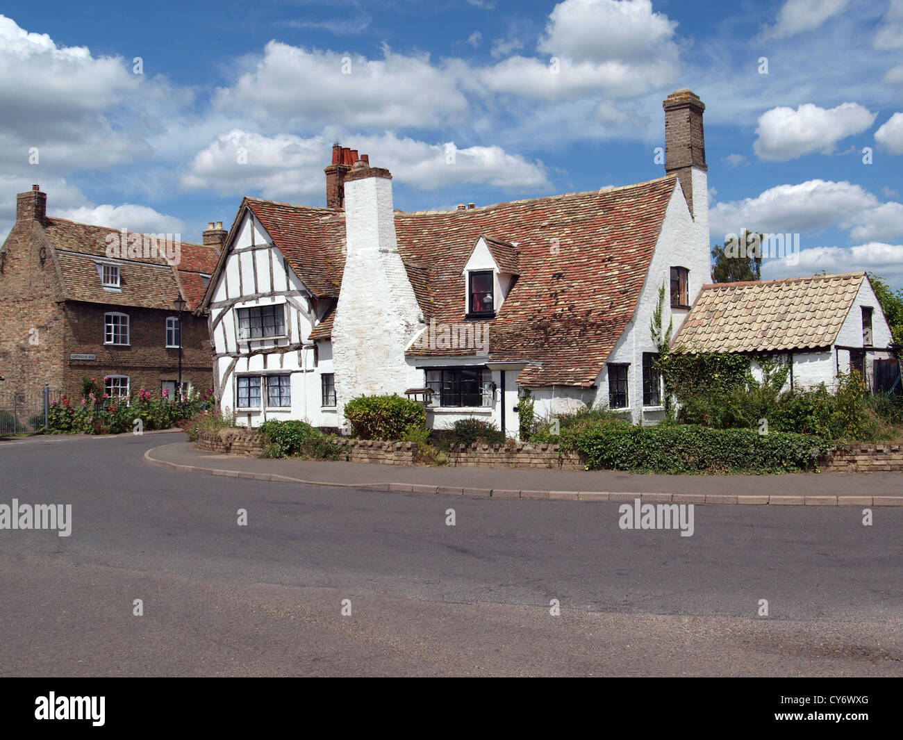 One of many timber framed cottages in Houghton ,that is famous for its mill by the Great Ouse river. Stock Photo