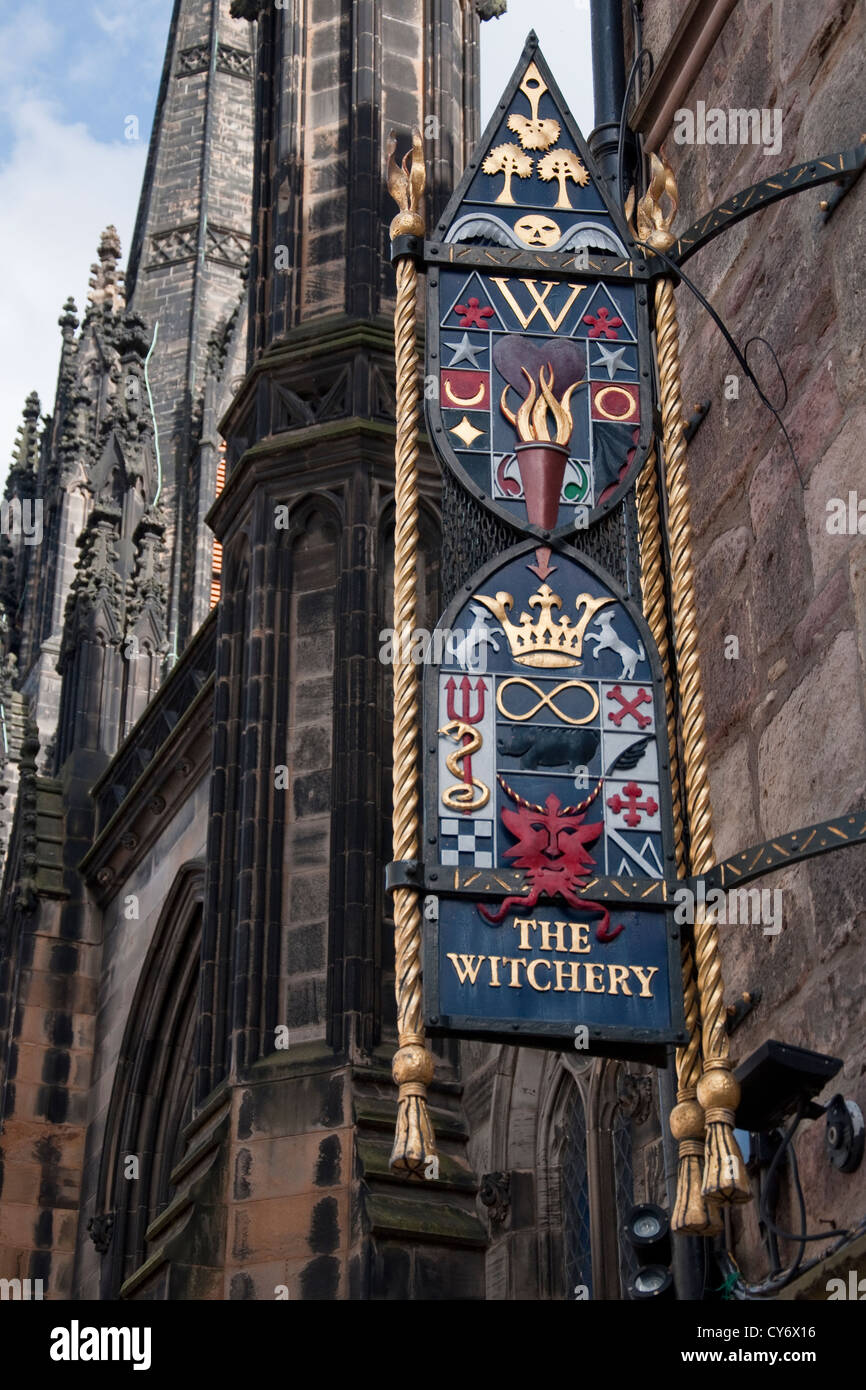 Sign for the famous Witchery restaurant on The Royal Mile street, Edinburgh Stock Photo