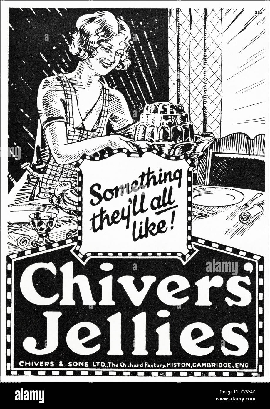 Original 1930s vintage print advertisement from English consumer magazine advertising Chivers Jellies Stock Photo