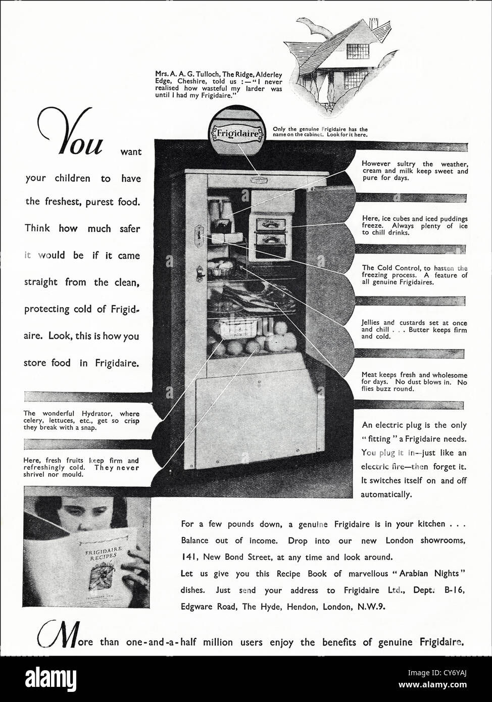 Original 1930s vintage print advertisement from English consumer magazine advertising Frigidaire refrigerators Stock Photo