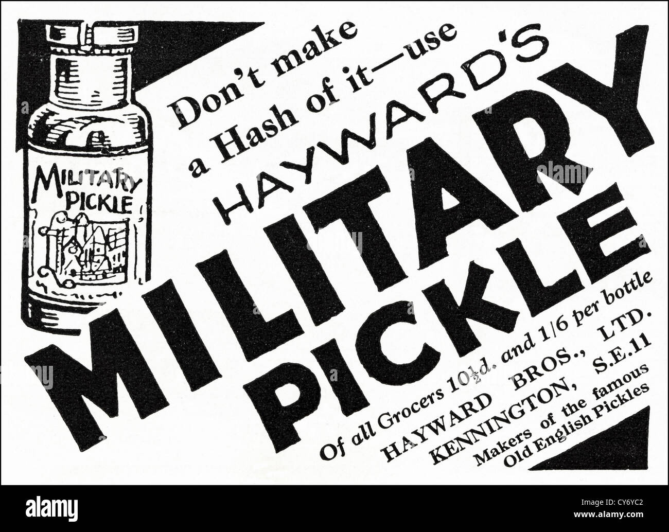Original 1930s vintage print advertisement from English consumer magazine advertising Hayward's Military Pickle Stock Photo