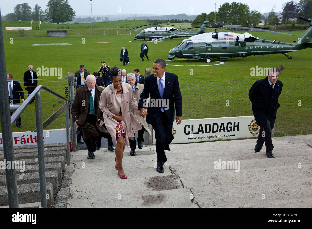 US President Barack Obama and First Lady Michelle Obama arrive in Moneygall, Ireland May 23, 2011. Stock Photo
