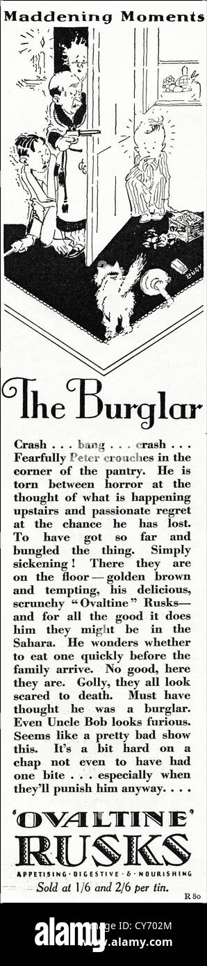 Original 1930s vintage print advertisement from English consumer magazine advertising Ovaltine rusks Stock Photo