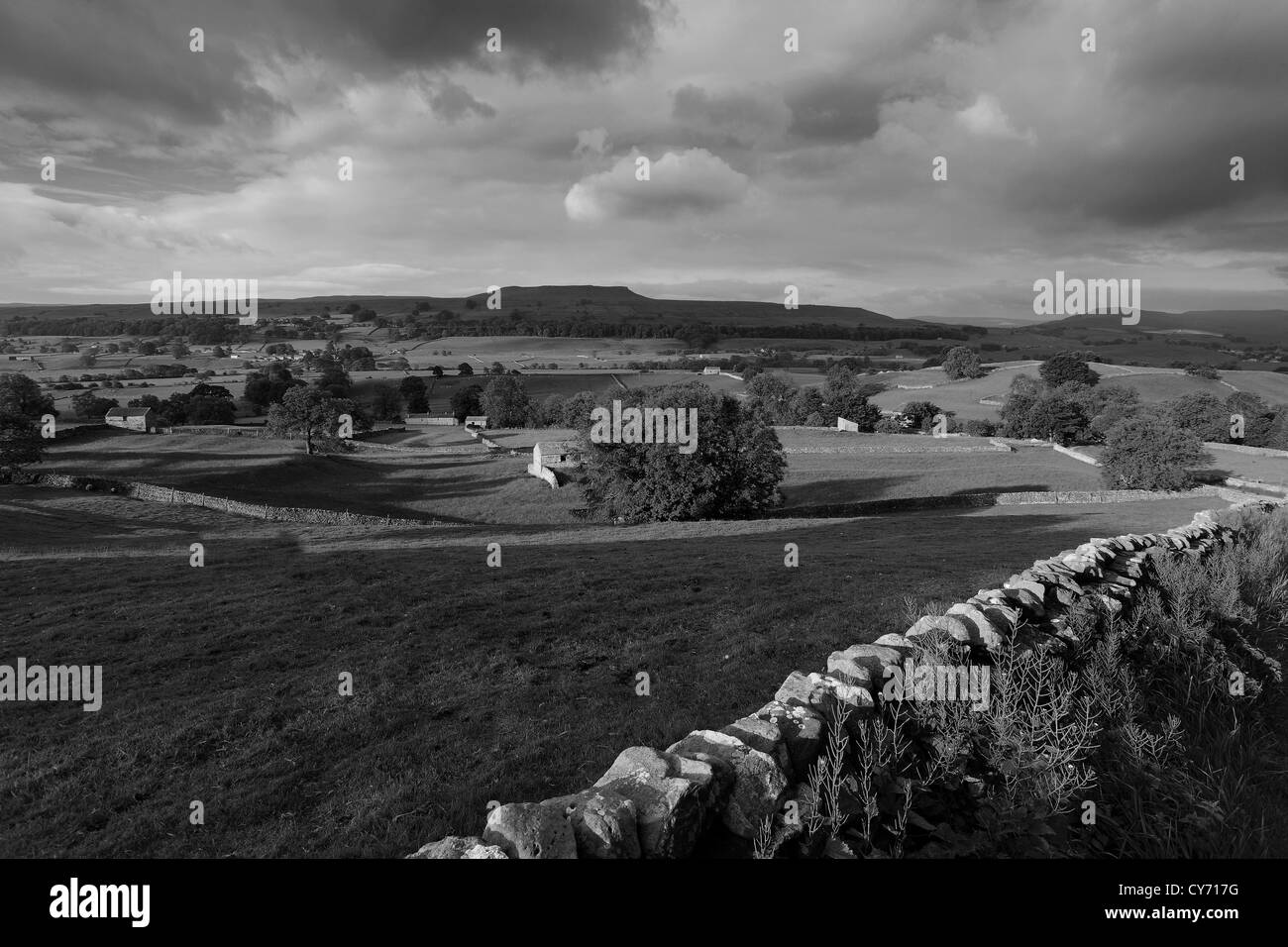 Black and White image panoramic Askrigg pastures; Askrigg village