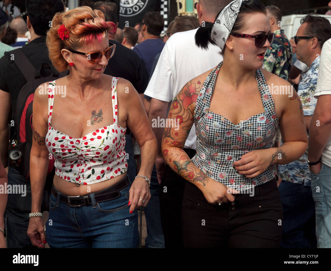 Rock and roll dancing at a gathering of motorbike enthusiasts in Brighton. Stock Photo