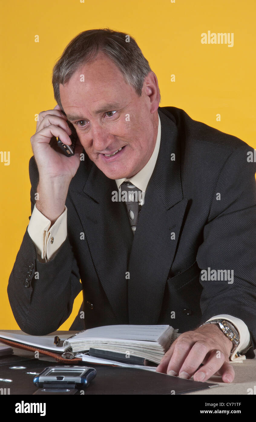 Businessman making a phone call seated at his desk with organiser open in front of him. Stock Photo