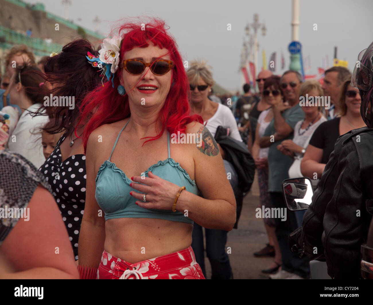 Rock and roll dancing at a gathering of motorbike enthusiasts in Brighton. Stock Photo