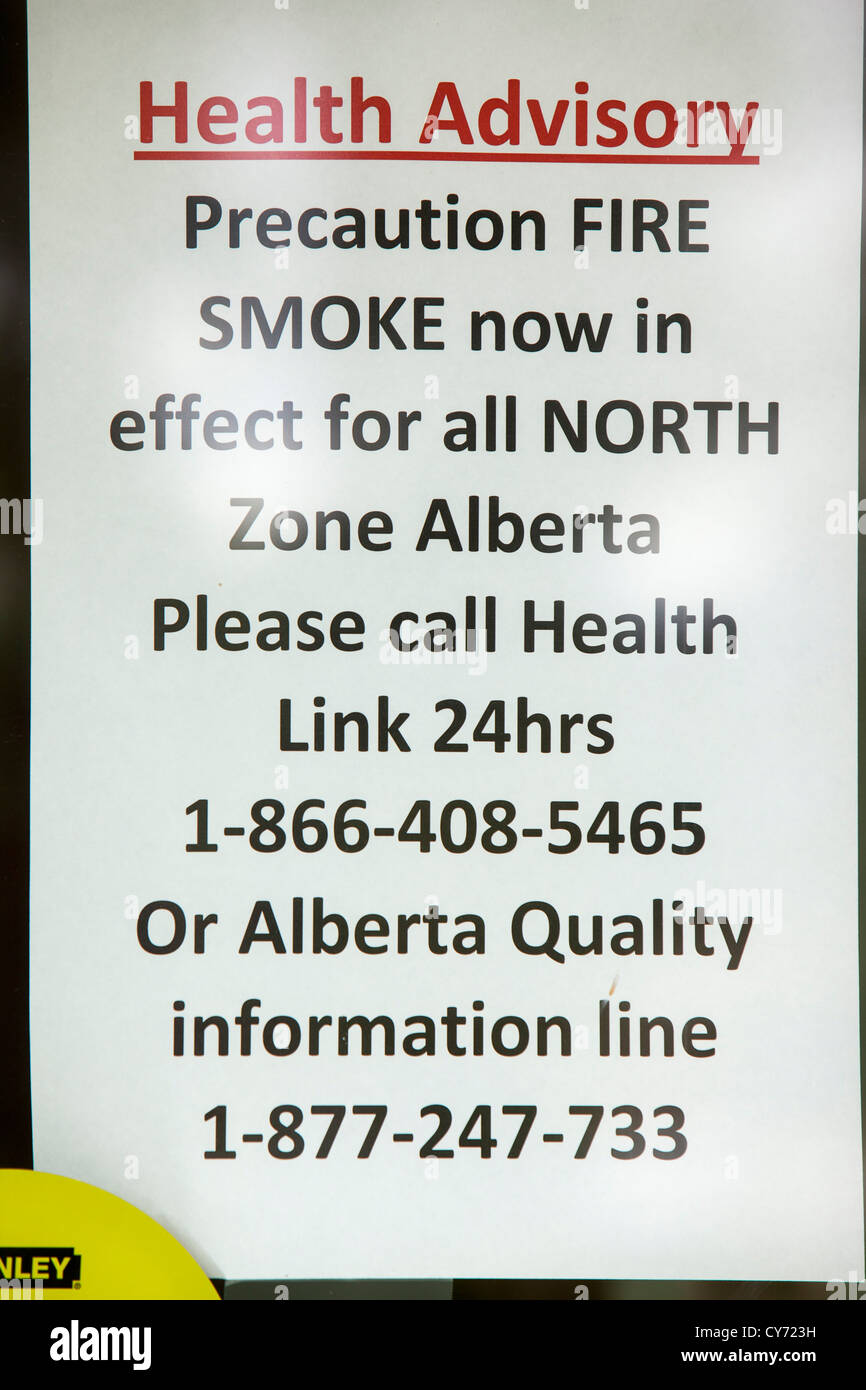 A warning sign about air quality due to forest fires in Alberta, Canada
