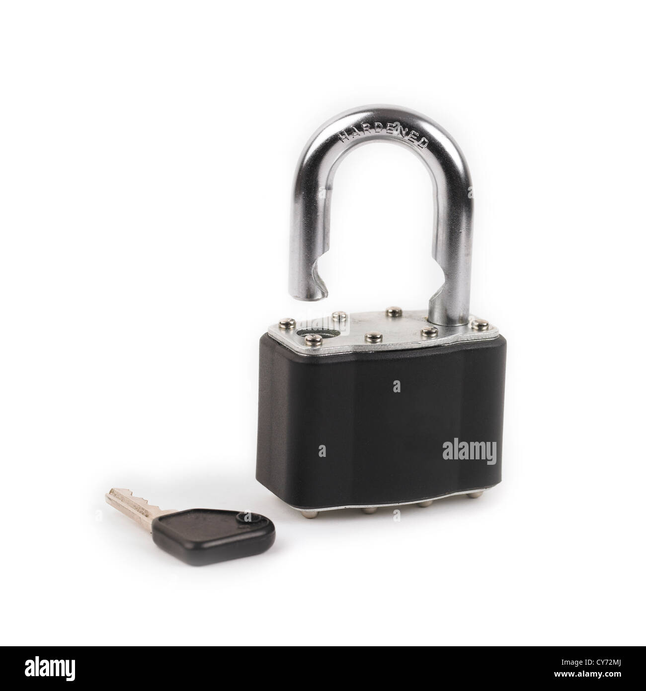 Hardened steel padlock and key on white background Stock Photo - Alamy