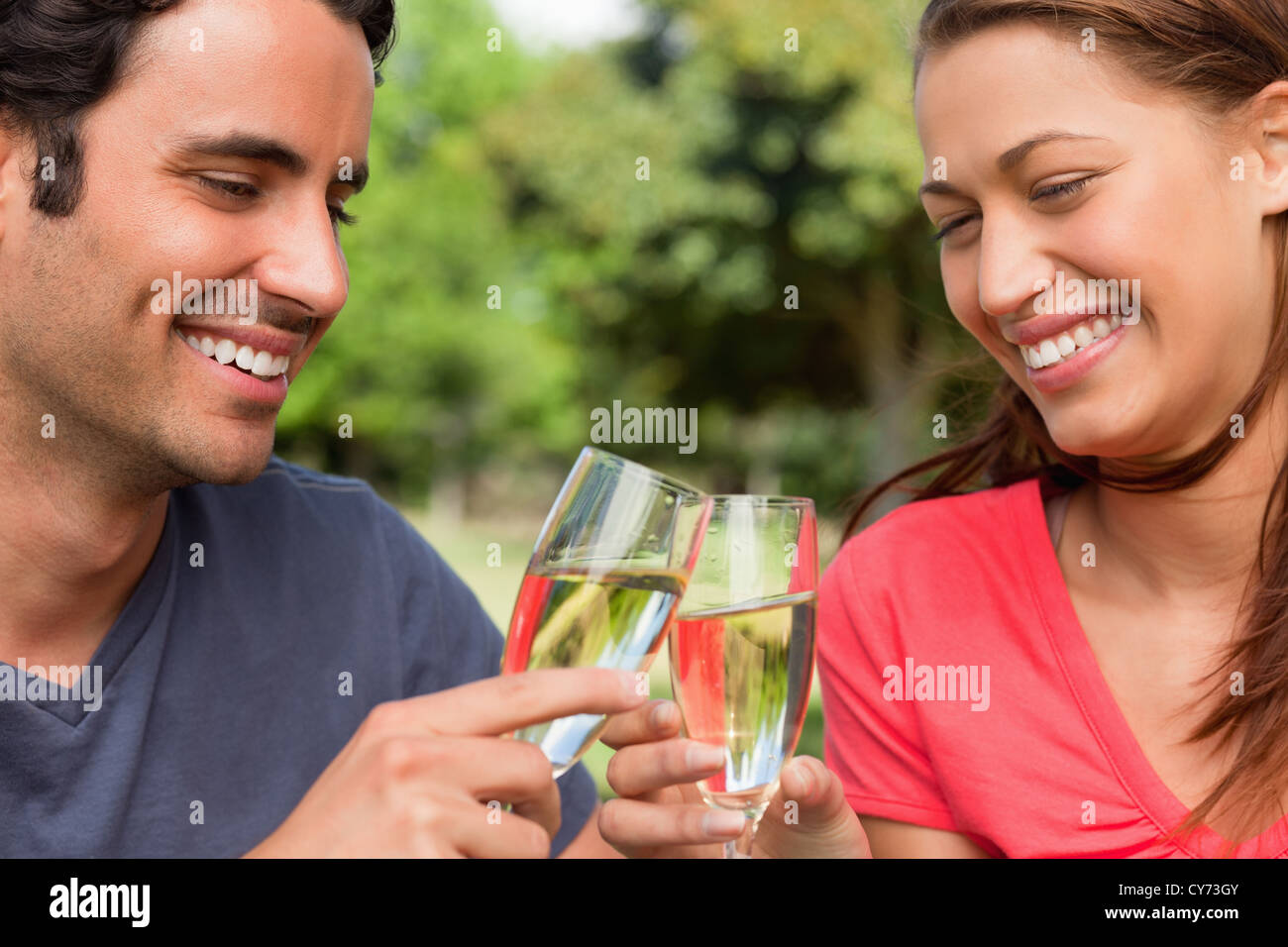 Two friends smiling as they touch glasses of champagne together in celebration Stock Photo