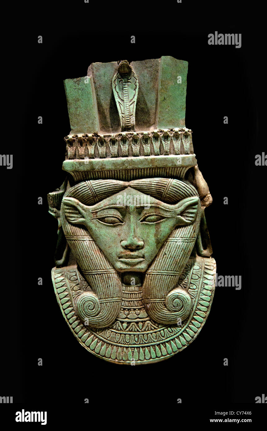 Sistrum fragment in the shape of a Hathor head Saite Dynasty 26 664–525 BC  Egypt Egyptian Faience 13.5 cm Stock Photo