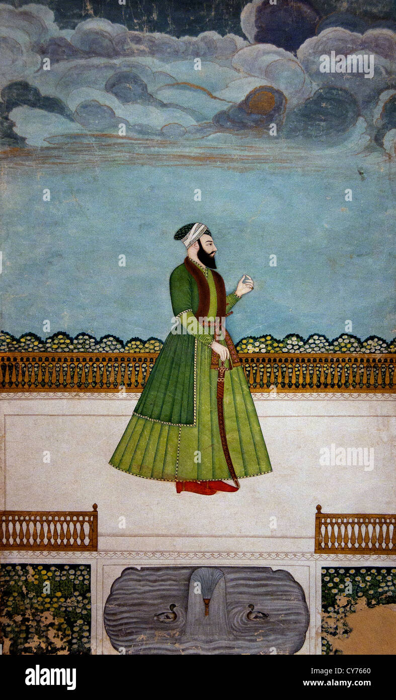 Nobleman on a Terrace 1780 India Murshidabad Ink opaque watercolor silver gold  34 x 21.3 cm Stock Photo