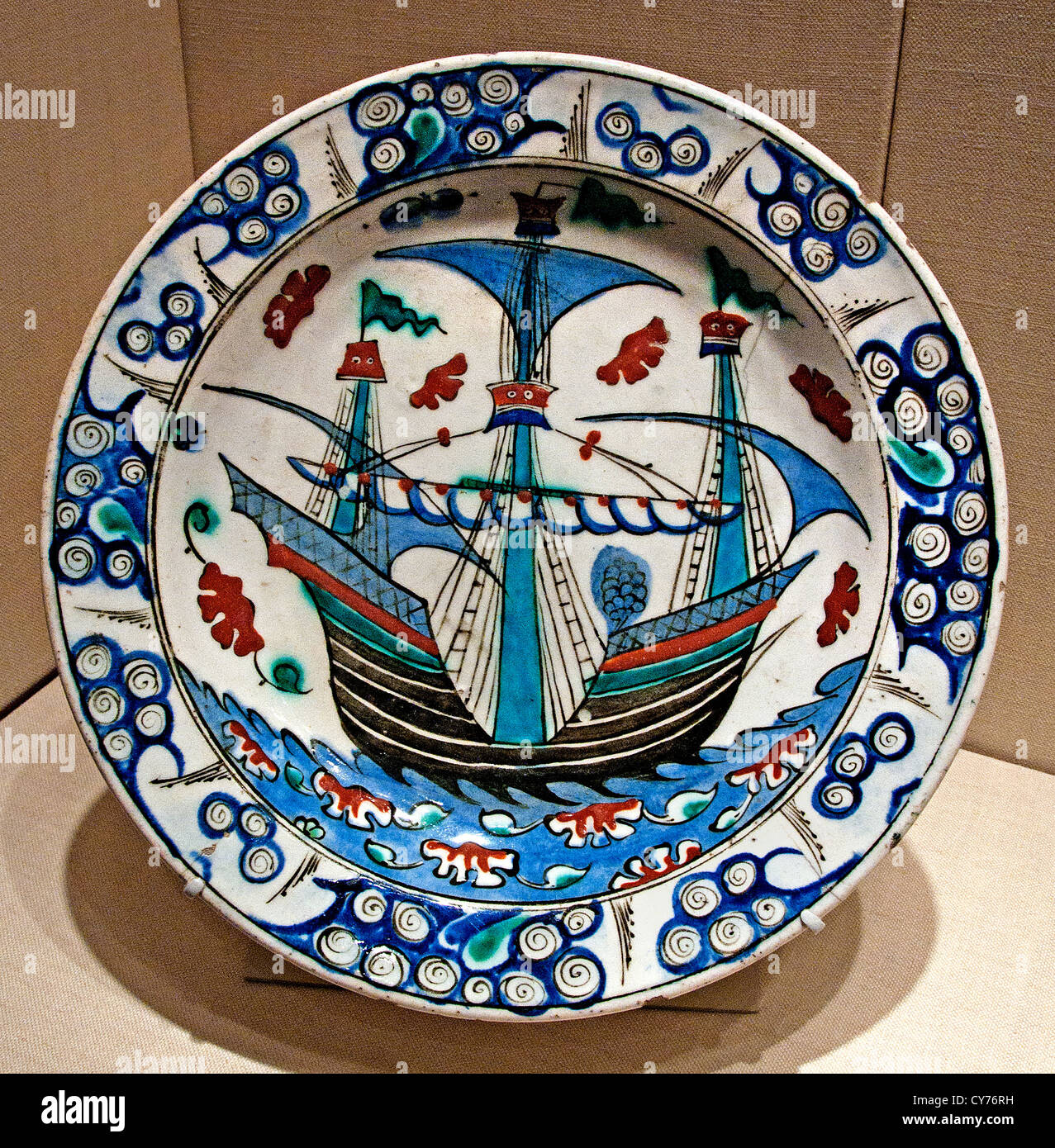 Iznik Ottoman Dish with Sailing Ship design1585 - 1590 plate Turkey Turkeys Stock Photo