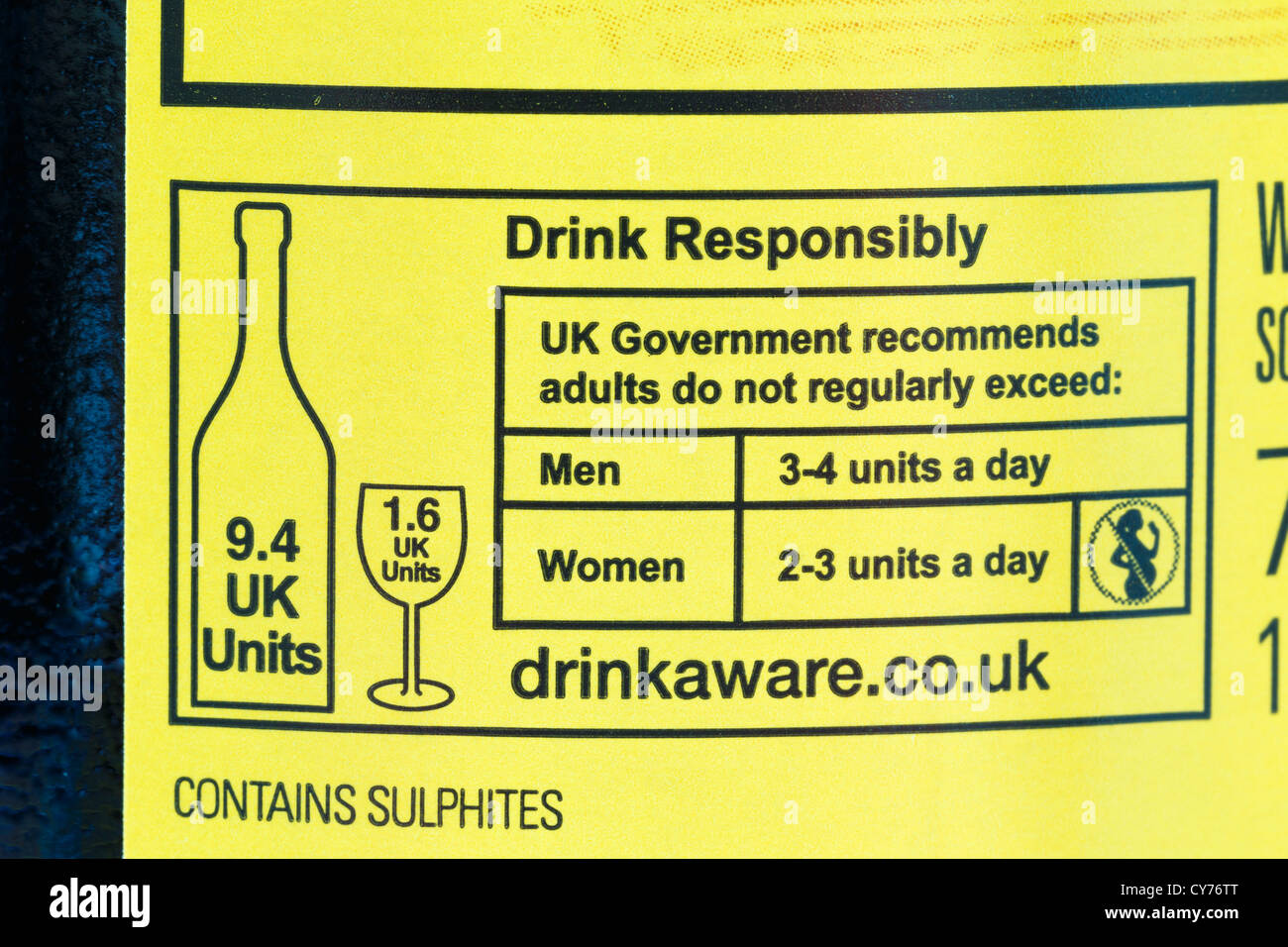 Safe drinking advice label showing alcohol units recommended by the UK government on a bottle of red wine. Stock Photo