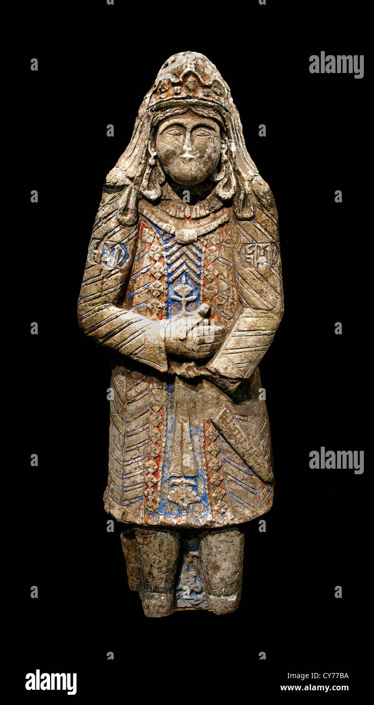 Royal Figure12th century Stucco modeled carved polychrome painted gilded       Iran Stock Photo