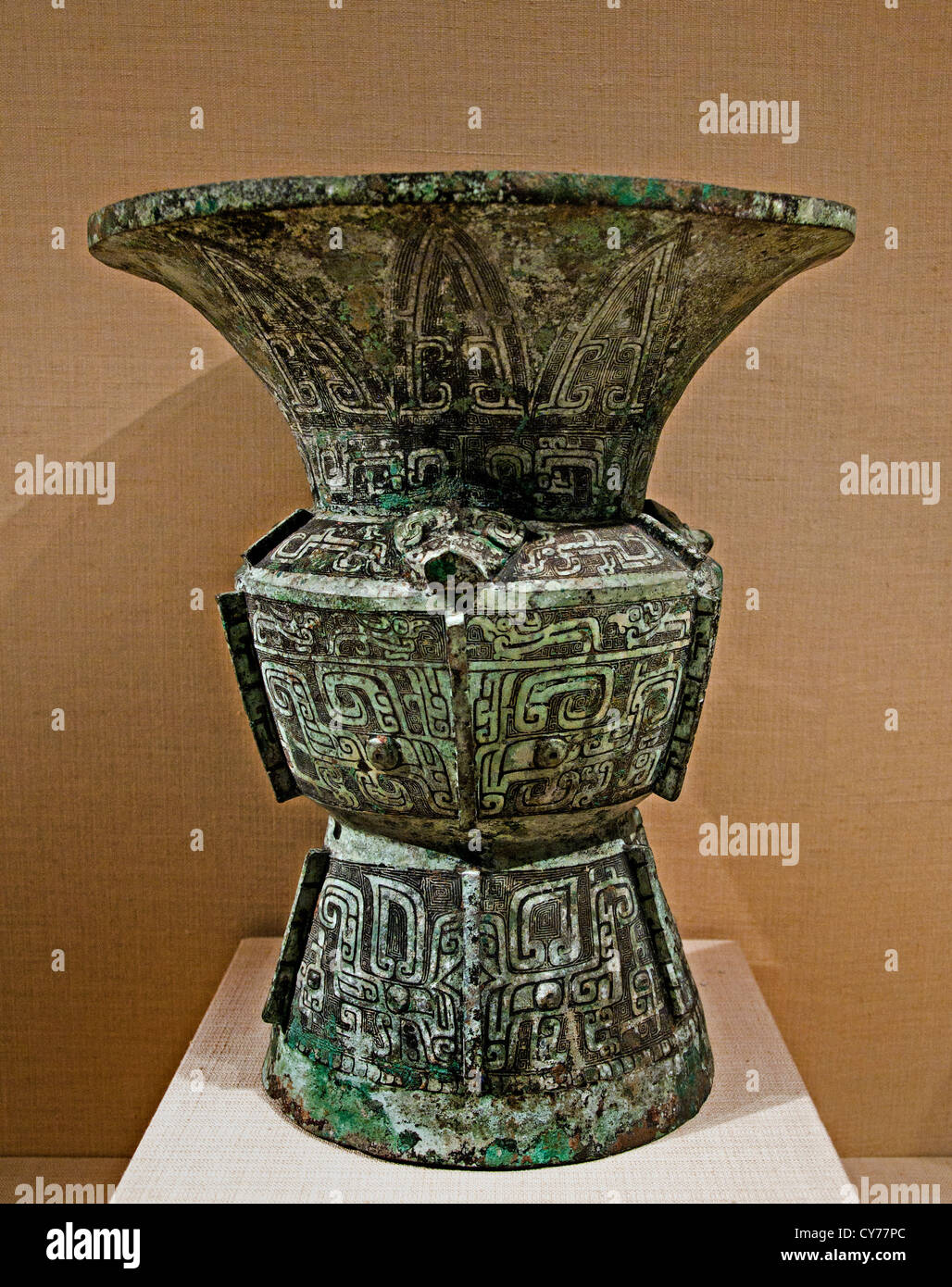 Ritual Wine Jar Zun Shang dynasty 13th century B.C. Bronze inlaid with black pigment 35 cm China Chinese Stock Photo