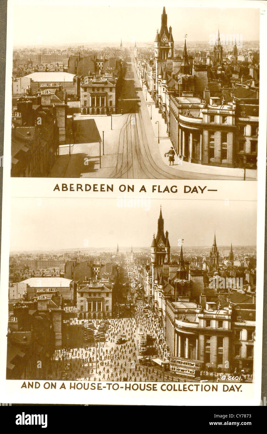 postcard of Aberdeen on a flag day and on a house-to-house collection day Stock Photo