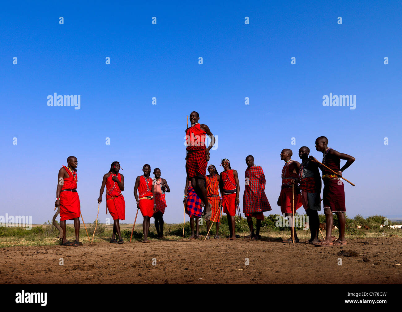Maasai Jumping In Kenya Stock Photo