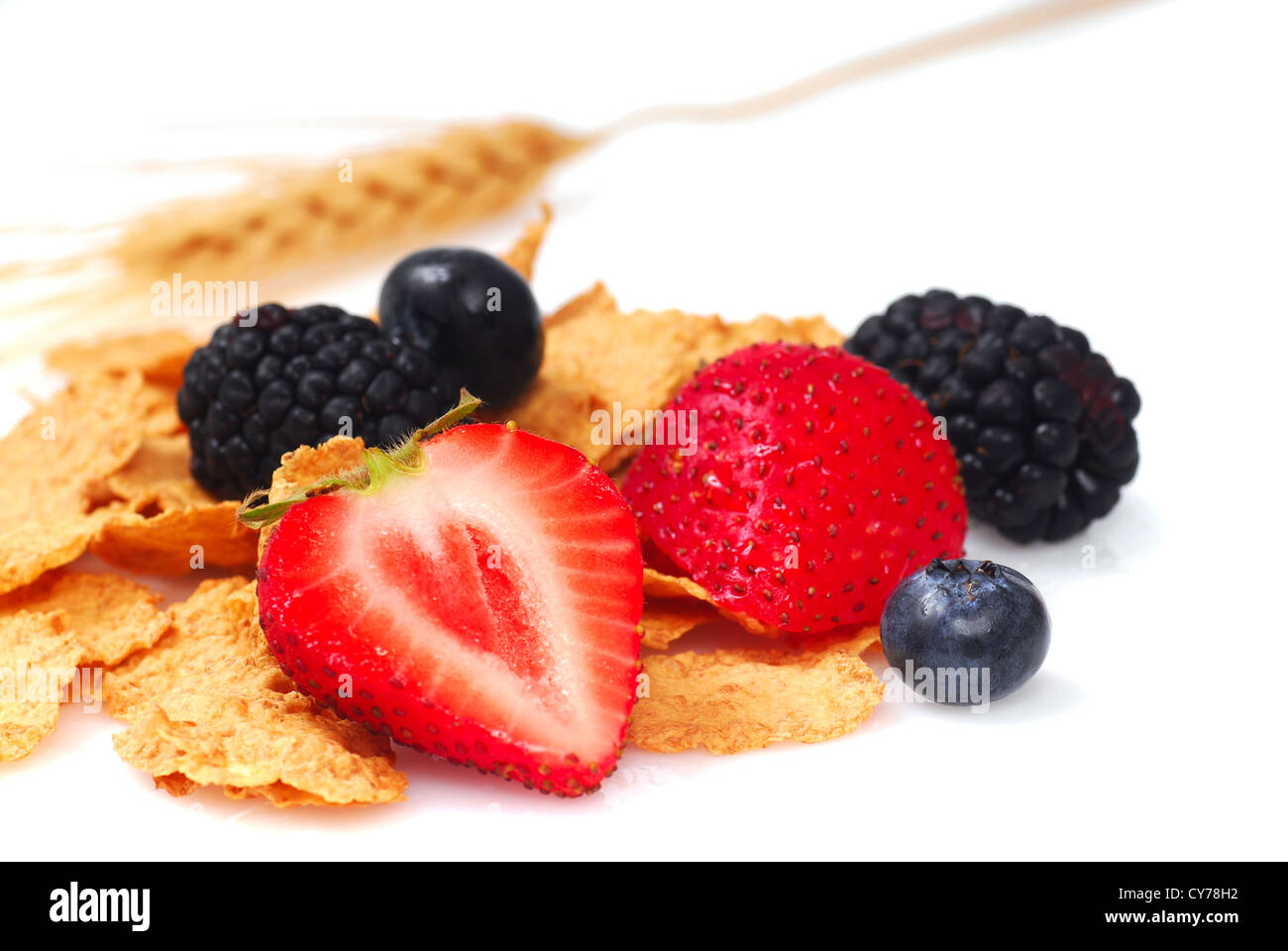 Crispy bran flakes with strawberries, blueberries, blackberries and a ...