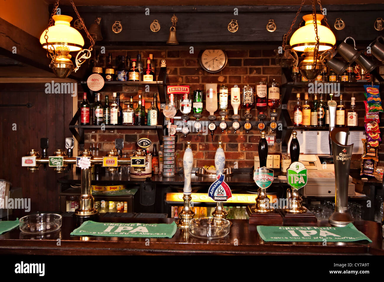 the star pub ale and beer pumps at the bar Stock Photo