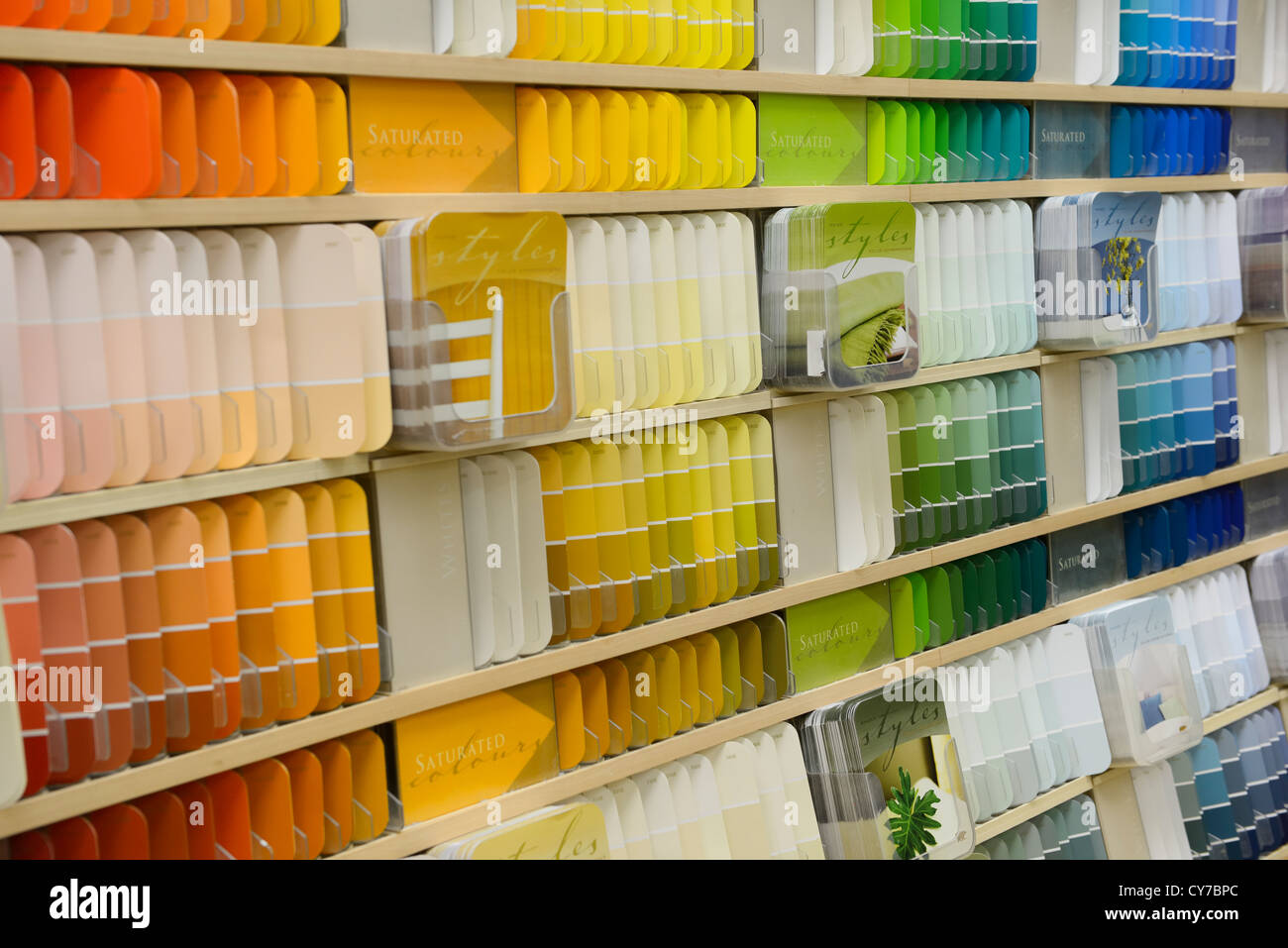 Spectrum of color coded paint chip samples on a display shelf in a