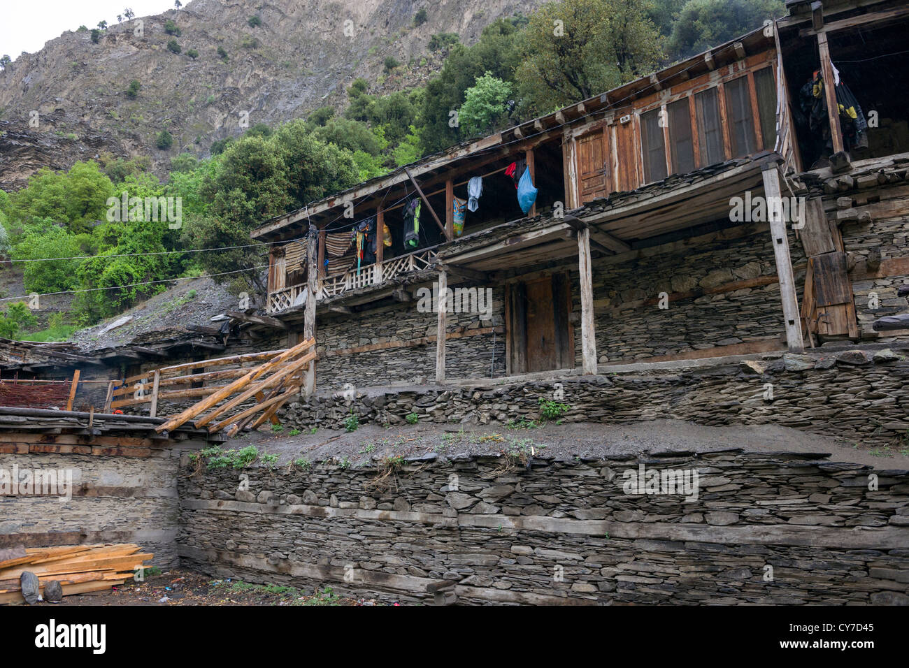 Kalash village of Balanguru, Rumbur Valley, Chitral, Khyber-Pakhtunkhwa, Pakistan Stock Photo