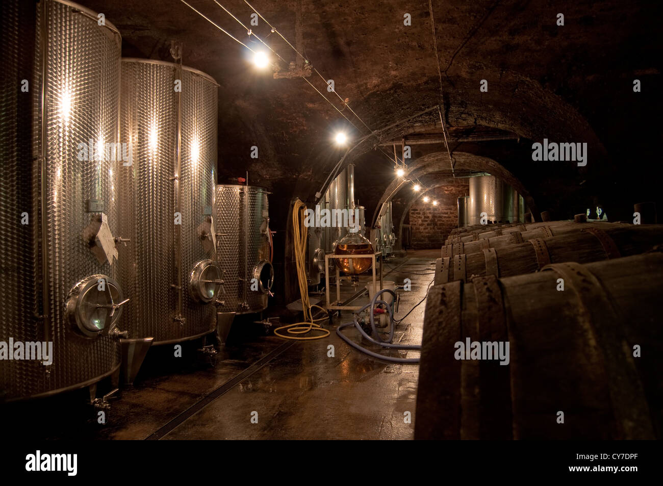 Old wine-cellar with barrels and stainless tanks Stock Photo