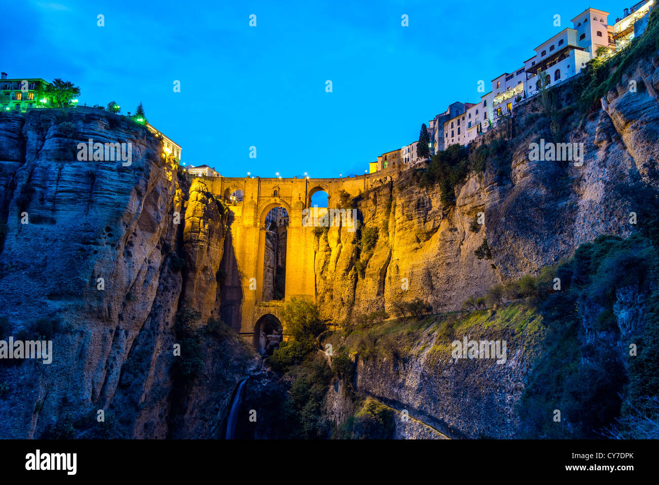 Night view of Puente Nuevo arched bridge in Ronda, Andalusia, Spain Stock Photo