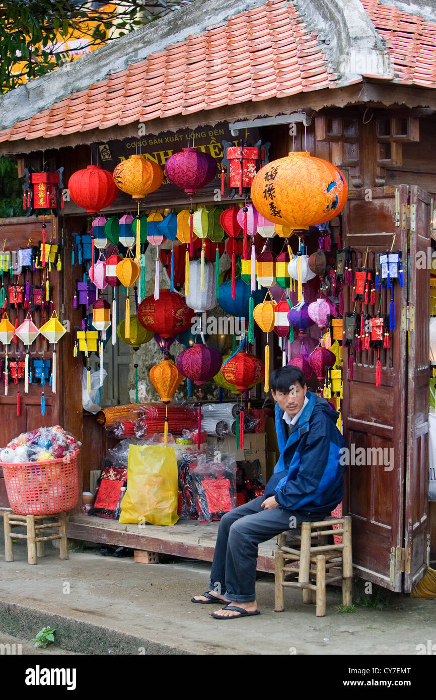Paper lanterns salesman in Hoi An Stock Photo